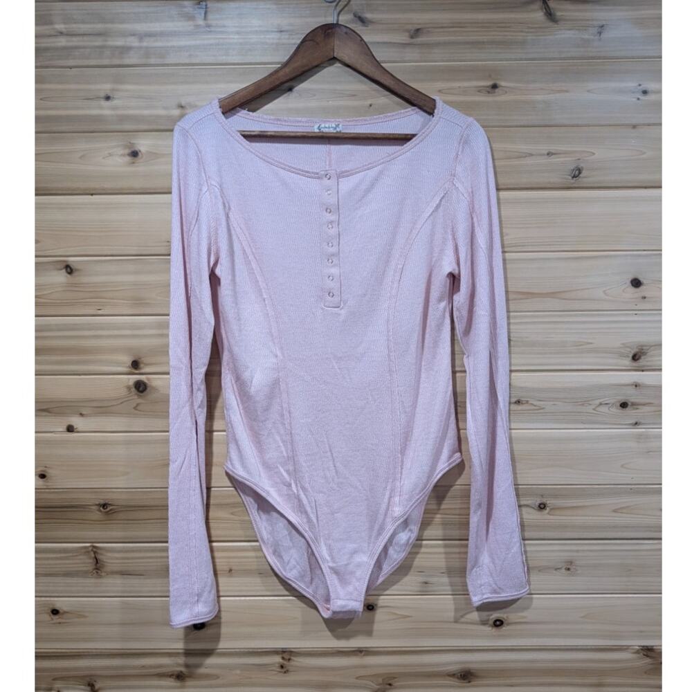Free People Bodysuit Womens Large Light Pink Henley Long‎ Sleeve